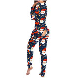 Jumpsuit Print Button-Up Functional Button Flap Adult Pajamas