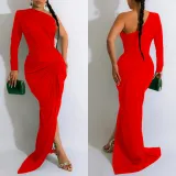 Fashion Women's Solid Color Slash Shoulder Single Long Sleeve Long Pleated Dress