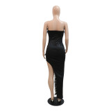 Strapless Fur Pressed Pleated High Slit Bodycon Solid Color Evening Dress