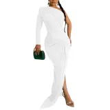 Fashion Women's Solid Color Slash Shoulder Single Long Sleeve Long Pleated Dress
