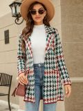 Fall/Winter Long Sweater Contrast Houndstooth Knitting Cardigan Chic Career Turndown Collar Trench Coat