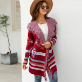 Autumn and winter sweater Fringed hooded knitting cardigan Geometric jacquard long sweater coat