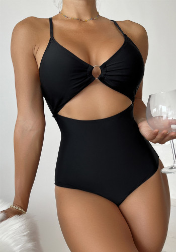 Traje de baño de bikini sexy de cintura alta de una pieza de color sólido para mujer