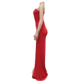Fashion Women's Solid Color Slash Shoulder Single Long Sleeve Long Pleated Dress