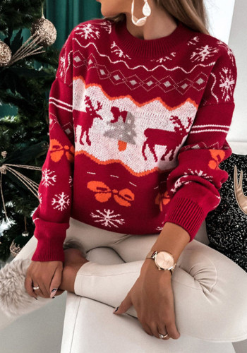 Sweater Women's Christmas Jacquard Loose Round Neck Long Sleeve Sweater