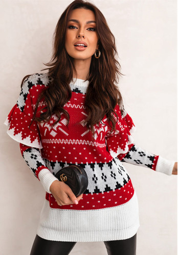 Suéter de las señoras de la manga del pétalo del cuello redondo flojo del jacquard de la Navidad de las mujeres de la Navidad