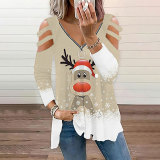 Christmas Elk Digital Printing Loose V Neck Zipper Long Sleeve Top T-Shirt