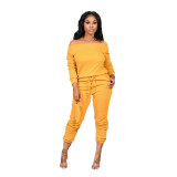 Ribbed High Stretch Women's Loose Off Shoulder Casual Fall Winter Two Piece