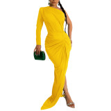 Fashion Women's Solid Color Slash Shoulder Single Long Sleeve Long Pleated Dress