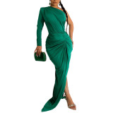 Fashion Women's Solid Color Slash Shoulder Single Long Sleeve Long Pleated Dress