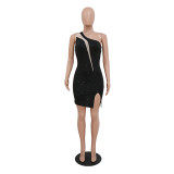 Irregular Split One Shoulder Sleeve Sequin Party Nightclub Bodycon Dress