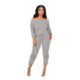 Ribbed High Stretch Women's Loose Off Shoulder Casual Fall Winter Two Piece