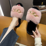 Autumn and winter metal chain plush slippers women's fashion warm large fur flat slippers