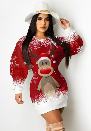 Vestido de Natal feminino manga longa vestido Elk Bodycon