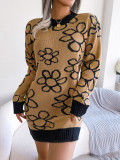 Wind Autumn and Winter Contrast Color Flower Long Sleeve Basic Knitting Sweater Dress