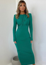 Women's Fall Fashion Pleated Round Neck Slim Long Sleeve Chic Dress