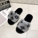 fur flat slippers women's home rabbit fur cotton slippers