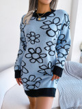 Wind Autumn and Winter Contrast Color Flower Long Sleeve Basic Knitting Sweater Dress