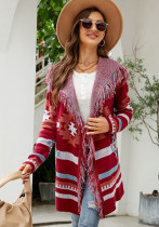 Autumn and winter sweater Fringed hooded knitting cardigan Geometric jacquard long sweater coat