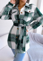 Jaqueta de lã xadrez casual outono/inverno contraste manga longa com cadarço
