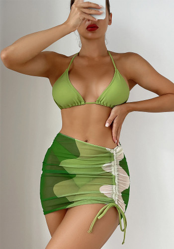 Dreiteiliger Bikini-Badeanzug mit hoher Taille und niedrigem Rücken zum Schnüren