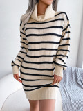 Fall/Winter Casual Turtleneck Striped Long Sleeve Basic Sweater Dress