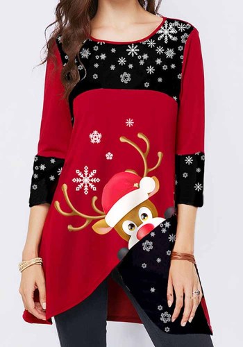 Camiseta feminina Natal floco de neve estampa de alce manga longa gola redonda camisa de Natal