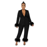 Fashion women's fluffy long-sleeved trousers v-neck solid color two-piece suit for women