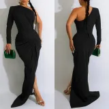 Fashion Women's Solid Color Slash Shoulder Single Long Sleeve Long Pleated Dress