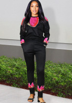 Otoño Invierno Mujer Calle Retro Estampado Negro Moda Casual Conjunto de pantalones de dos piezas