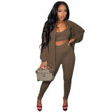 Fall/Winter Solid Color Sexy Tank Top Trend Single Breasted Shirt Women'S Three-Piece Fashion Casual Pants Set