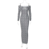 Fall Women'S Off Shoulder Ripple Stripes Print Chic Slim Long Dress