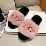 Autumn and winter metal chain plush slippers women's fashion warm large fur flat slippers
