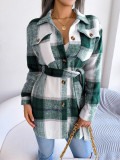Fall/Winter Casual Contrast Plaid Long Sleeve Lace-Up Wool Jacket