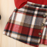 Red Long Sleeve Girls' Autumn Long Sleeve Top Skirt Plaid Suit