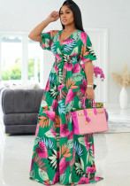 Plus Size Women'S Sexy V-Neck Floral Printed Short Sleeve Casual Maxi Dress