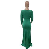 Women's Deep V Long Sleeve Pleated Slit Evening Dress