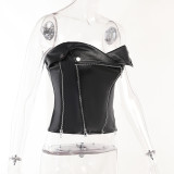 Stylish Zip Strapless Leather Top Women Street Sexy Slim Fit Top