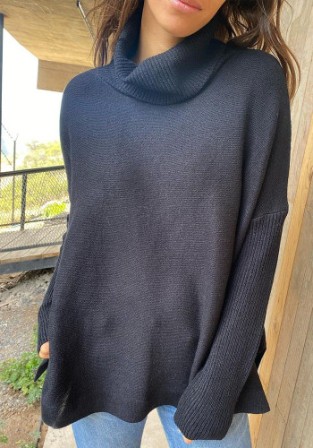 Turtleneck Sweater Loose Bat Sleeves Slit Hem Pullover Sweater Women Knitting Top