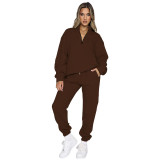 Fall Winter Solid Stand Collar Zip Pullover Long Sleeve Sweashirt Two Piece Fashion Pants Set Tracksuit