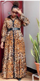 African Plus Size Fashion Leopard Print Single Breasted Belted Loose Swing Maxi Dress