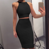 Women'S Solid Color Slim Fitted Sleeveless Tank Top Mid Skirt Two Piece Set