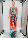 Fashion Sexy Print Halter Lace-Up One Piece Maxi Dress