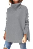 Turtleneck Sweater Loose Bat Sleeves Slit Hem Pullover Sweater Women Knitting Top