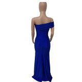 Women's Slash Shoulder Off Shoulder Silk Gown Slit Evening Dress
