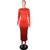 Women'S Sexy Solid Color Low Back Long Sleeve Bodycon Long Dress