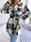 Fall/Winter Casual Contrast Plaid Long Sleeve Lace-Up Wool Jacket