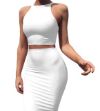 Women'S Solid Color Slim Fitted Sleeveless Tank Top Mid Skirt Two Piece Set