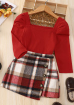Roter Langarm-Mädchen-Herbst-Langarm-Top-Rock-Plaid-Anzug