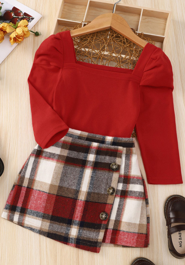 Red Long Sleeve Girls' Autumn Long Sleeve Top Skirt Plaid Suit